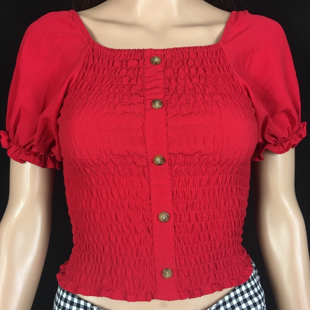 Red Ruffled Square Neck Puff Sleeve Top - Picture 3 of 9